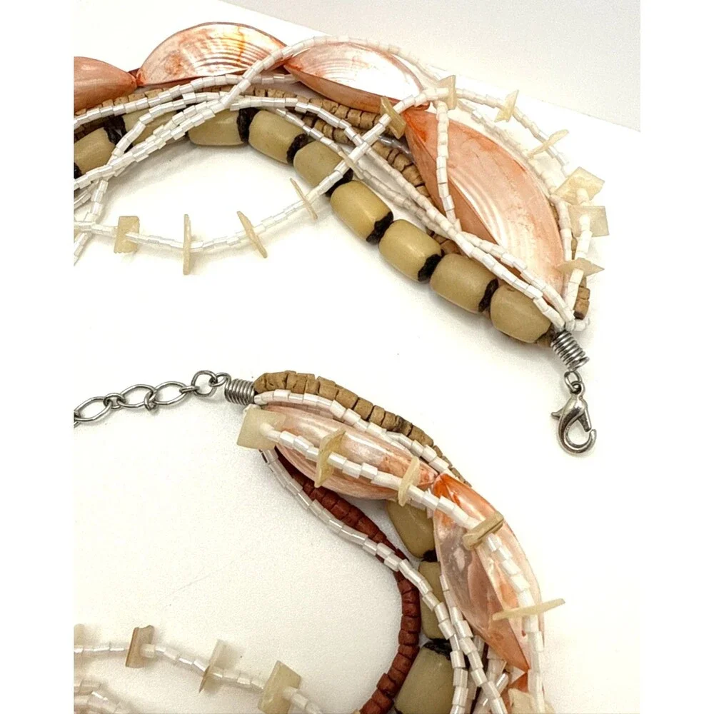 Boho Multi Strand Statement Necklace Pink Shell Beads Wood Tribal Pendant 18-20